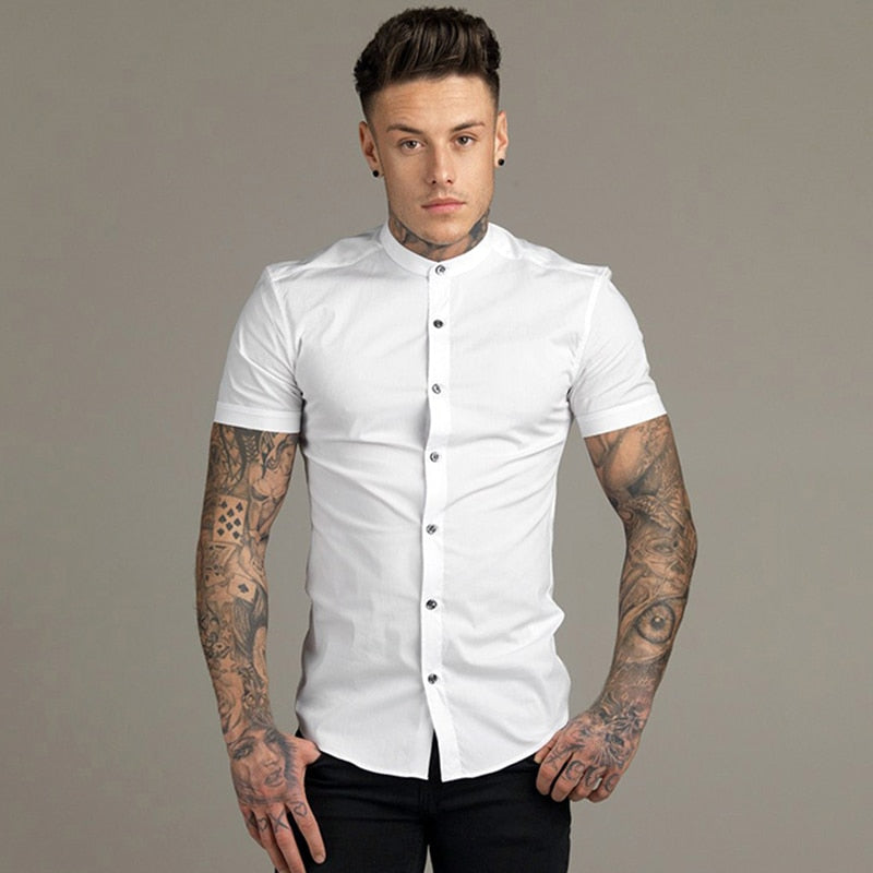 New Summer Men Fashion Short Sleeve Solid Shirt Slim Fit Male Social Business Dress